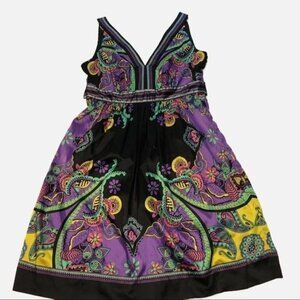 ICE Party Dress Size 8 Black Purple Multi Color Print Y2K Silky Sleeveless